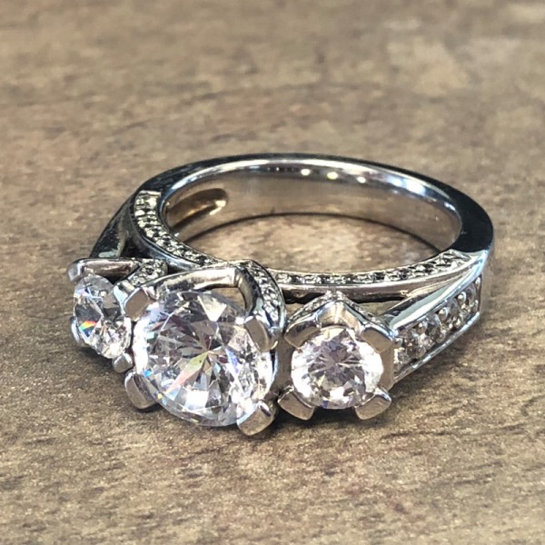 14K White Gold Diamond Encrusted 3 Stone Engagement Ring